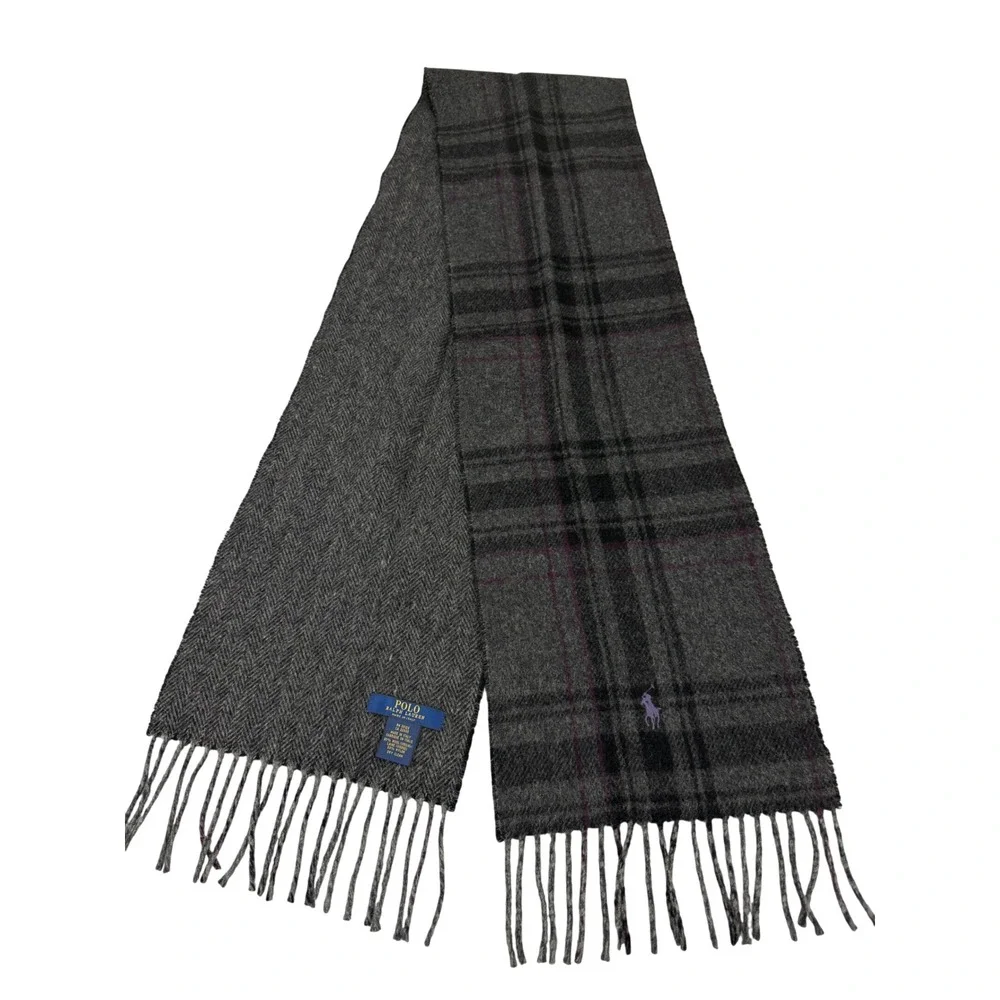 Polo Ralph Lauren Scarf Mens Grey Plaid Herringbone  Wool Blend Italy